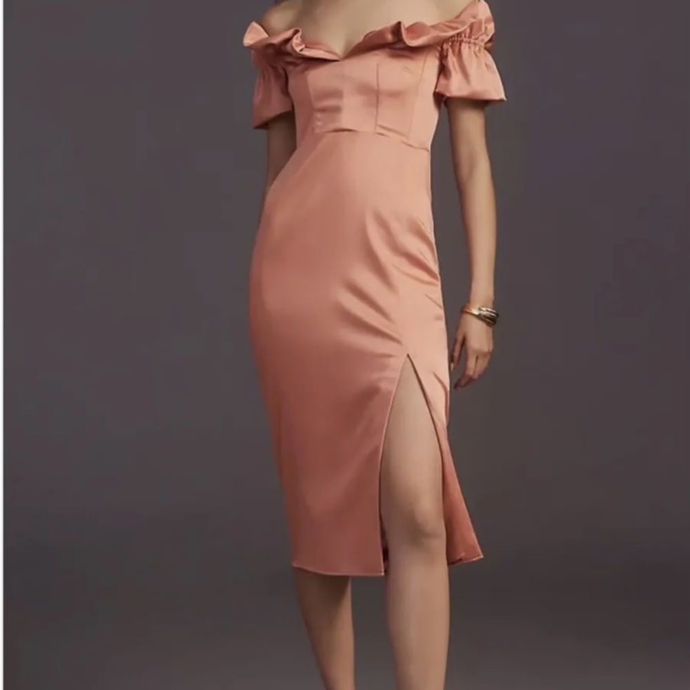 Anthropologie Ruffled Off the Shoulder Pink Satin Dress Size M